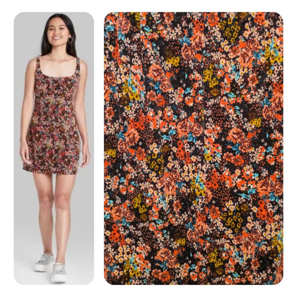Floral Corduroy Mini Dress with Zipper Back